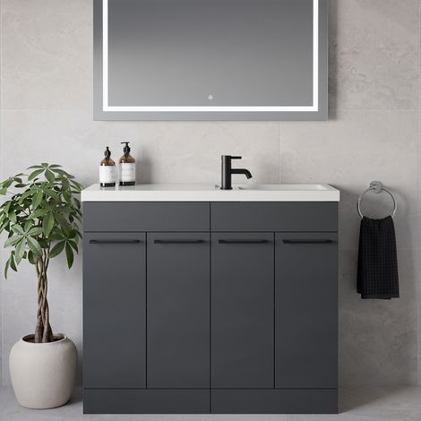 Napoli 250 Gloss Grey 1000mm 4 Door Vanity Unit with Square Silvo Basin - 1000mm - Matt Black 160mm Handle
