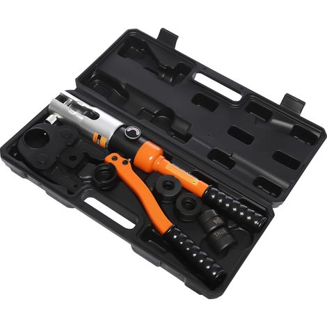 Herramienta de crimpado, fabricada en acero CR40, fuerza máxima de 10 toneladas, incluye matrices TH16-TH32, cabezal giratorio de 360°, ideal para trabajos eléctricos y de comunicaciones. (1/5)
