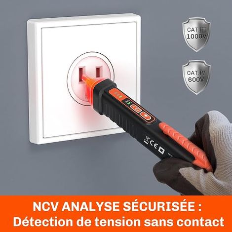 Détecteur de Tension Sans Contact, Testeur de Tension avec Double Sensibilité 12/48V-1000V, Test de Fil de Phase/Neutre, Buzzer Sonore (1/4)