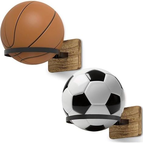 Wandhalterung für Bälle – Holzsockel und Metallrahmen – Geeignet für Basketball, Fußball, Rugby, Volleyball – 2 Stück (1/5)