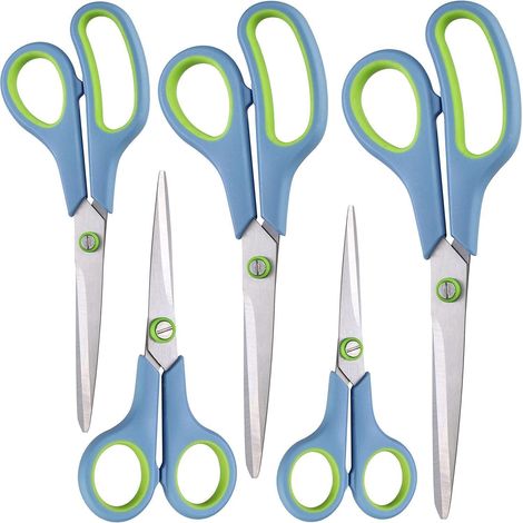 Set de 5 ciseaux en acier inoxydable avec poignées ergonomiques bleues et vertes (1/5)
