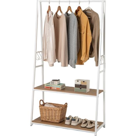 COSTWAY Porte Manteau avec 2 Étagères, Portant Vêtements avec 4 crochets S, Cadre en Métal Solide, Penderie Vetement Dressing pour Chemise, Manteau, Chaussures (Blanc)