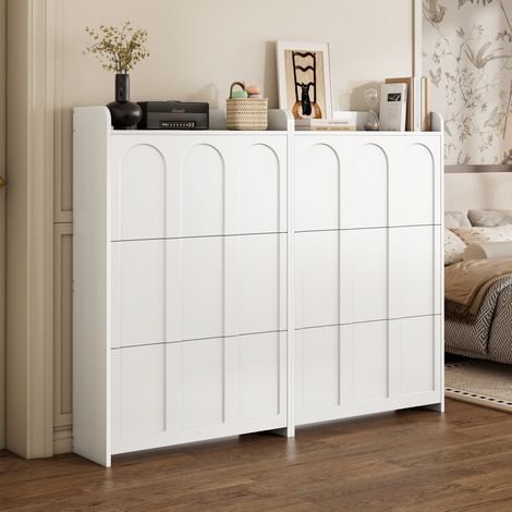 Zapatero 140x25x120 cm blanco de MDF con 6 puertas abatibles y cajón (1/5)