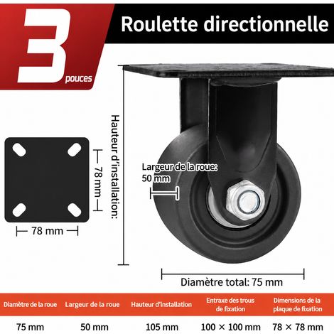 Roulette industrielle fixe 3 pouces 75 mm bas profil charge lourde 600 kg 3 50mm 600kg 105mm 10 × 8 × 10 cm 830 g – Livraison gratuite