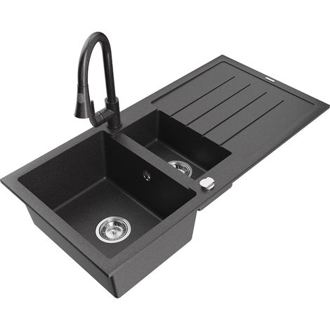 Mexen Andres fregadero de granito de 1,5 senos con escurridor y grifo de cocina Elia, negro moteado - 6515-76-670101-76 (1/5)