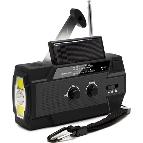 Radio météo d'urgence avec batterie externe de 4000 mAh, alimentée par énergie solaire, actionnée par manivelle, rechargeable par USB, AM/FM.