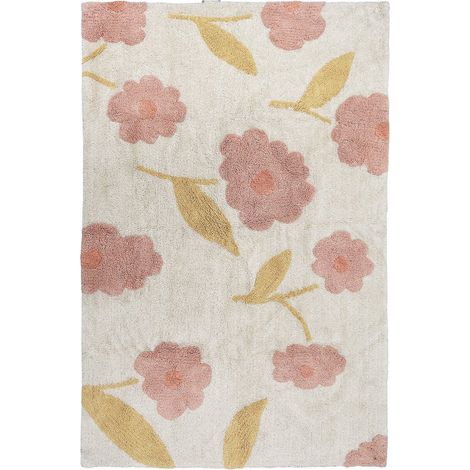 Tapis Enfant en Coton Motif Fleurs Rose et Vert avec Sous-Couche Antidérapante 100 x 150 cm - PANGIVO (1/5)