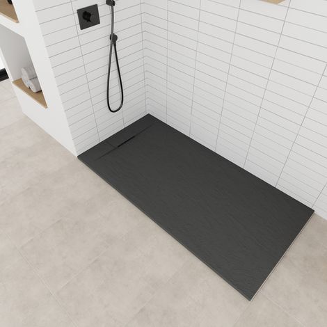 SMC Duschwanne POLAR Duschtasse mit Anti-Rutsch Flach mit Steinoptik Schwarz inkl. Ablaufgarnitur 90x140 cm (1/5)