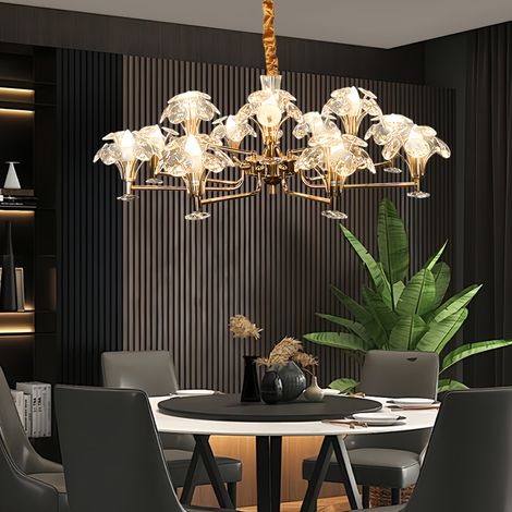 Goldene Kristall-Pendelleuchte 12-flammig, edle Hängelampe aus Metall und funkelndem Kristall, mit E14 Fassung, Ø 96 cm, luxuriöse Deckenlampe für Wohn-, Ess- und Schlafzimmer