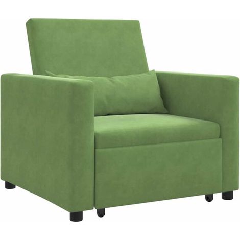 Canapé-lit pliant une place à roulettes, revêtement en velours vert clair. (1/5)