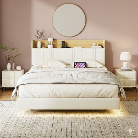 Cama de matrimonio 140x190 cm con efecto flotante e iluminación LED - cabecero tapizado con espacio de almacenaje, 2 enchufes/1 USB-C/1 USB - beige (1/5)