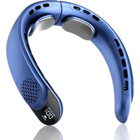 Ventilador de cuello portátil，recargable，equipado con pantalla LED，3 velocidades de viento，batería de 4000 mAh，azul marino