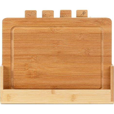 Ensemble de 4 Planches a Découper en Bambou avec Support CHEF I Planches Naturelles avec Rigoles pour Jus I Antibactériennes I Planches Universelles pour Fromage,Viande,Fruits,Légumes (1/5)