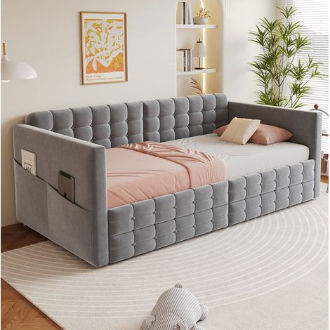 Polsterbett 90 x 190 cm mit Stauraum, 2 Schubladen, grauer Samt OKMYHOME (1/5)