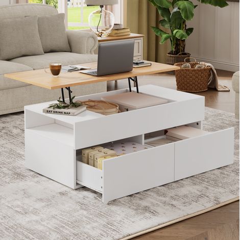 Tavolino da salotto in truciolare bianco 100 x 50 cm, piano sollevabile con 2 cassetti e vano contenitore (1/5)