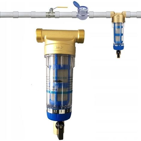Filtro de sedimentos reutilizable - Prefiltro de agua de 50 micras - Para tubería de pozo - Carcasa transparente - Válvula de descarga - Rosca hembra de 3/4"