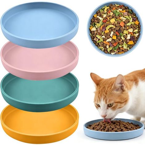 Juego de 4 comederos planos de silicona para gatos, de 18 cm de ancho, con bebedero, antideslizantes, para comida seca y húmeda.