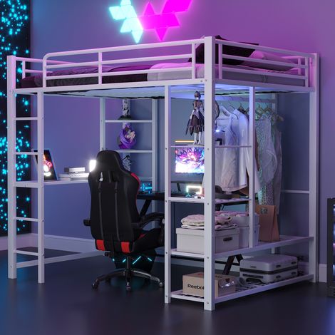 Cama alta 140x200 cm blanca - escritorio, armario y estantería, estructura metálica, sin colchón (1/5)