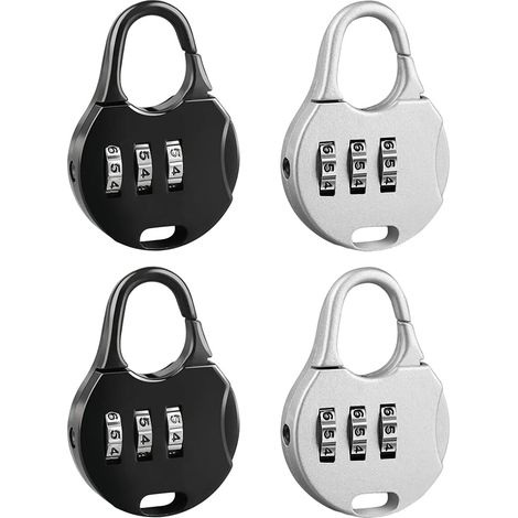 Lot de 4 mini cadenas à combinaison réglables pour valise, sac à dos, sac de voyage, casiers, boîte à bijoux - Noir/argenté (1/5)