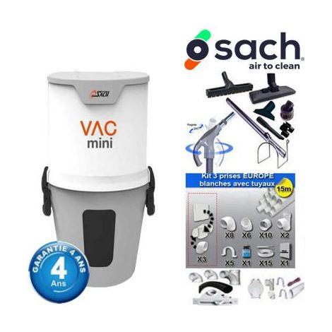 Centrale d'aspiration SACH VAC MINI garantie 4 ans (jusqu’à 400 m²) + Set inter 9 M + 8 accessoires + kit 3 prises + kit prise balai + kit prise garage (1/5)