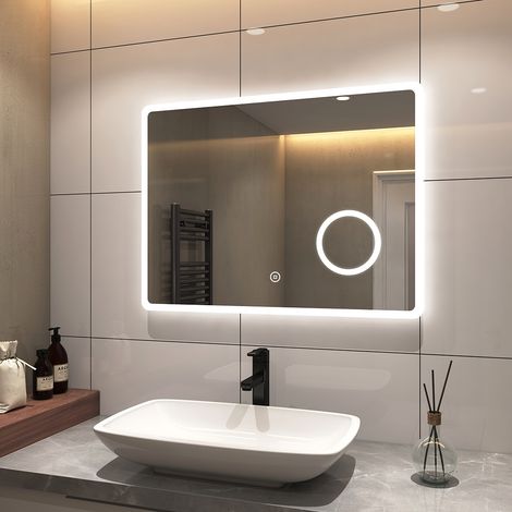 S'Afielina – Miroir lumineux de salle de bain 80 x 60 cm – Grossissement 3x – Éclairage LED 3000/4000/6500K – Interrupteur tactile – Antibuée IP44