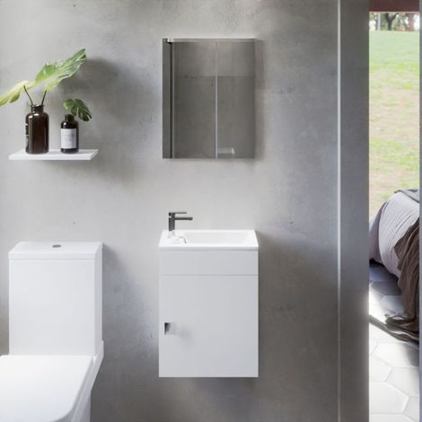 Cuisibane – Meuble lave-mains avec vasque céramique 40.3x22.5cm – Miroir 42x55cm – Caisson suspendu blanc brillant – Garantie 5 ans (1/6)