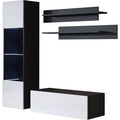 Mueble de salón con LED Composición de salón TV Mueble TV Conjunto de Salón Ancho 160cm Modelo Luke 3D Negro y Blanco Acabado brillo (1/5)