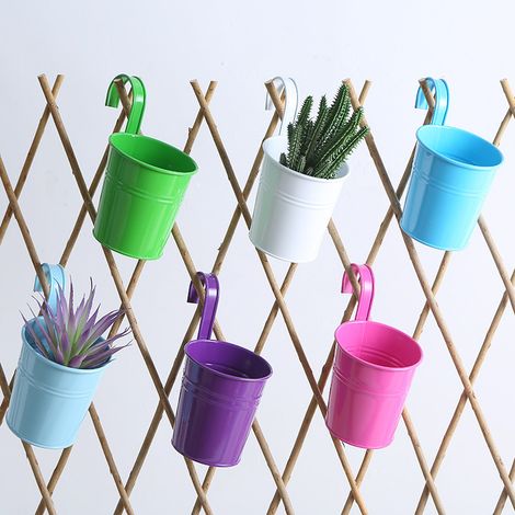 Lot de 6 pots de fleurs / vases suspendus en métal (fer), couleurs bonbon – Jardinières pour balcon et jardin – Décoration d'intérieur (1/3)