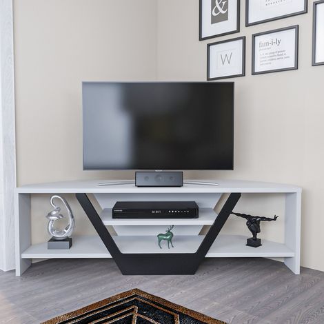 Meuble TV d'angle sares en forme v - etagères ouvertes (blanc et noir)