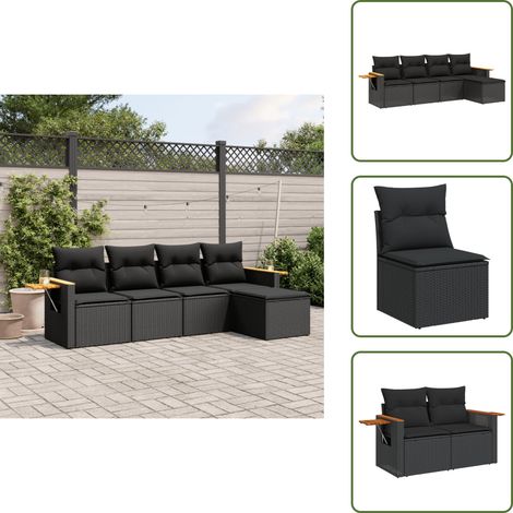 Salon de jardin 5 pcs avec coussins noir résine tressée - Salon De Jardin - Meuble Extérieur - Salon D'extérieur - Set De Salon - Résine Tressée (1/5)