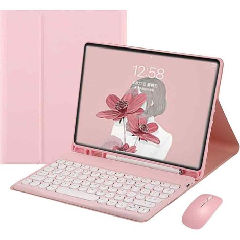 Étui clavier compatible avec iPad 9 (2021), iPad 8, iPad 7, iPad Air, iPad 3 et iPad Pro 10,5 pouces, avec souris et clavier coloré de forme ronde rétro. (1/5)