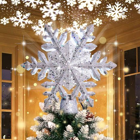 Beleuchtete Weihnachtsbaumspitze mit rotierenden silbernen Schneeflocken-Projektoren (1/5)