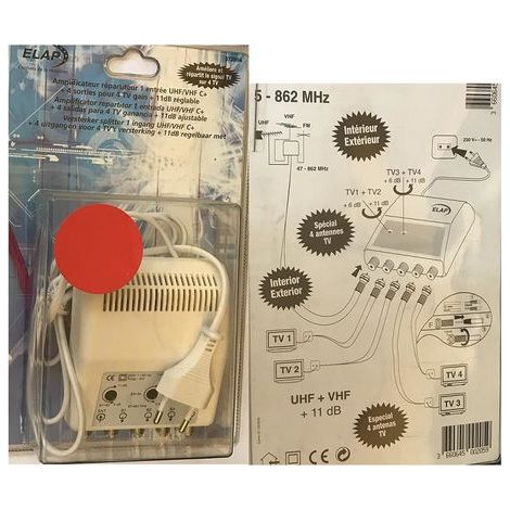 AMPLIFICATEUR REPARTITEUR 1 ENTREE UHF/VHF C+ 4 SORTIES POUR 4 TV GAIN + 11DB REGLABLE REF 372004 ELAP HDME