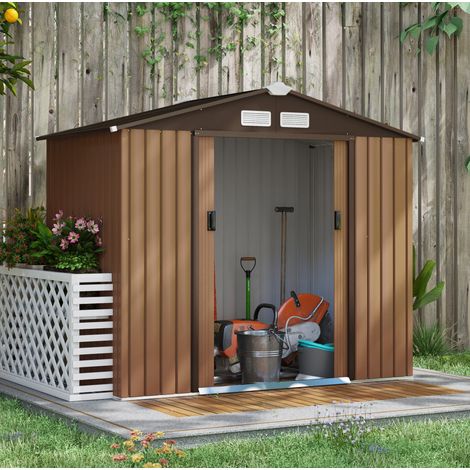 Cobertizo de jardín (213x130x185 cm), con puertas correderas, ventilación, acero marrón (1/5)