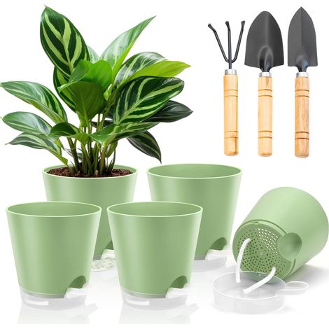 Lot de 5 Pots à arrosage Automatique 15 cm, en Plastique, avec Trous de Drainage et Soucoupe de Stockage d'eau Transparent, pour Plantes d'intérieur et de Balcon (Vert) (1/5)