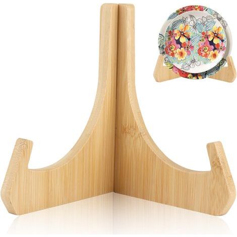 1 - Support Assiette - Chevalet Table - Présentoir Bambou Naturel Pour Cadre Photo Livre DVD - Usage Domestique Commercial - Naturel - 18x15,8x12,8cm (1/5)