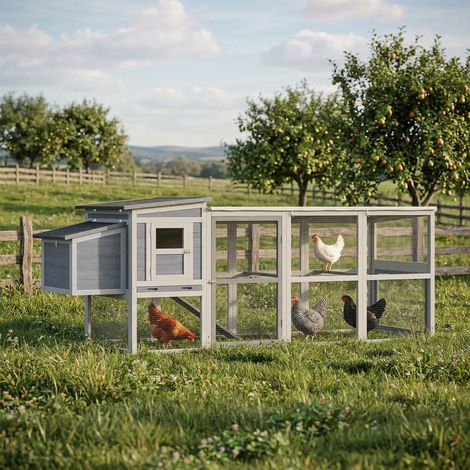 Gallinero para 3-4 gallinas con corral, ponedero, techo de asfalto, revestimiento Oxford, cajón extraíble, 264x82x89cm, gris (1/5)
