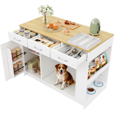 Isola da cucina bianca 120 x 60 x 90 cm in MDF con 3 cassetti e spazio per animale (1/5)