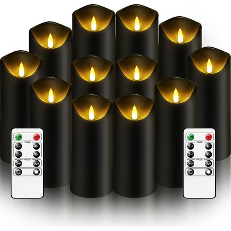 Bougies sans flamme avec télécommande, bougies sans flamme vacillantes à piles, bougies LED avec minuterie 2/4/6/8 h, ensemble de 12 bougies LED réalistes (D2,2 x H 5" 6" 7") (noir) (1/5)