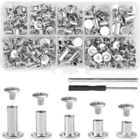 Lot de 220 vis pour reliure à rivets, 4/5/6/8/10/12 mm, vis de , rivets à vis, rivets reliures avec outil de montage, rivets en cuir pour livres de bricolage, cuir (1/2)