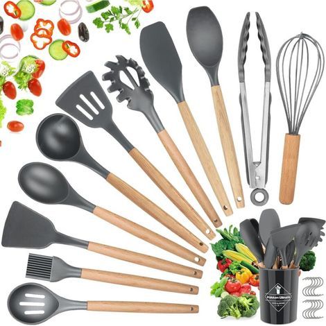 Ustensiles de Cuisine en Silicone,22 PCS Accessoire Cuisine Set sans BPA, Kit d'Ustensiles de Cuisine en Silicone et Bois, Ustensiles Cuisine Antiadhésive Set avec Pot de Rangement, Gris 01 (1/5)