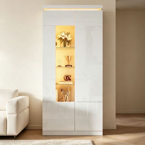 Modernluxe - Vitrine à portes acryliques, vitrine en verre laqué brillant - Éclairage LED - 4 portes - Finition brillante - MDF - Blanc (1/5)