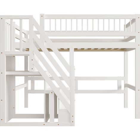 Lit mezzanine en bois massif avec escalier de rangement, lit enfant 90x200 blanc, cadre robuste et sécurisé pour chambre ado (1/5)
