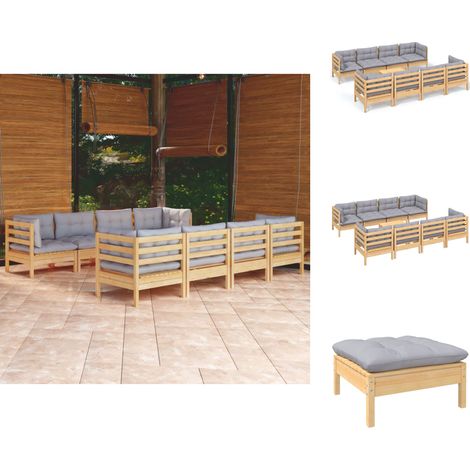 Gartenmöbel-Sets - Living 9-tlg. Garten-Lounge-Set mit Grauen Kissen Kiefer Massivholz (1/4)