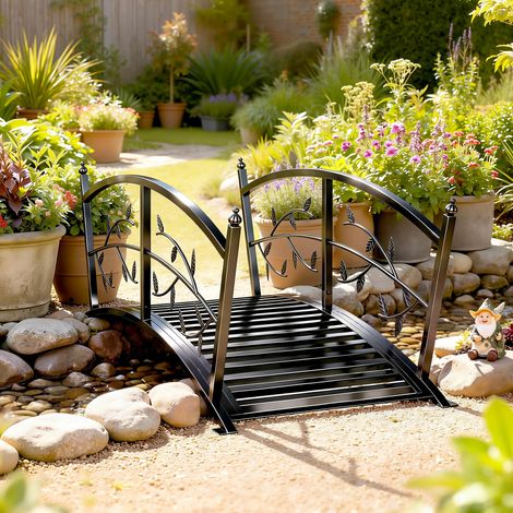 Gartenbrücke aus Metall 120 cm Teichbrücke mit Sicherheitsgeländern Antik-Optik Rostbeständig einfache Montage