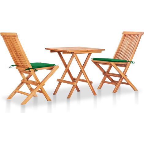 Ensemble de bistro 3 pcs avec coussins vert Bois de teck massif