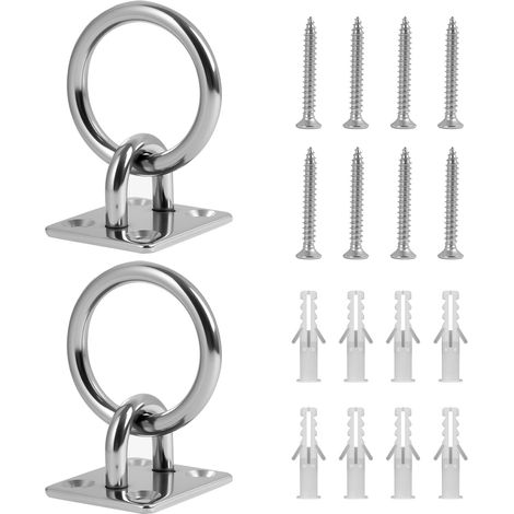 Lot de 2 Anneau de Fixation Cheval Chien Bétail, crochet suspension plafond/mural inox 304 avec anneau mobile 40 mm, idéal pour voile d’ombrage, hamac, sac de frappe. (1/5)