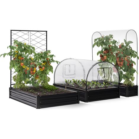 Idmarket – Kit complet 3 bacs métal modulables carrés potager 115x80x60cm – Serre à tomates 115x30x128cm – Treillis métallique inclus – Housse PVC 2 fenêtres