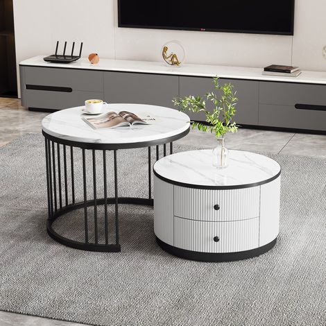 Lot de 2 tables basses gigognes rondes 60x60x45,5 cm blanc, 2 tiroirs, effet marbre, MEUBLIV (1/5)
