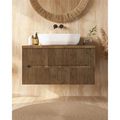 Mobile bagno noce chiaro 90x46 cannettato Urbino con ciotola in ceramica (1/4)